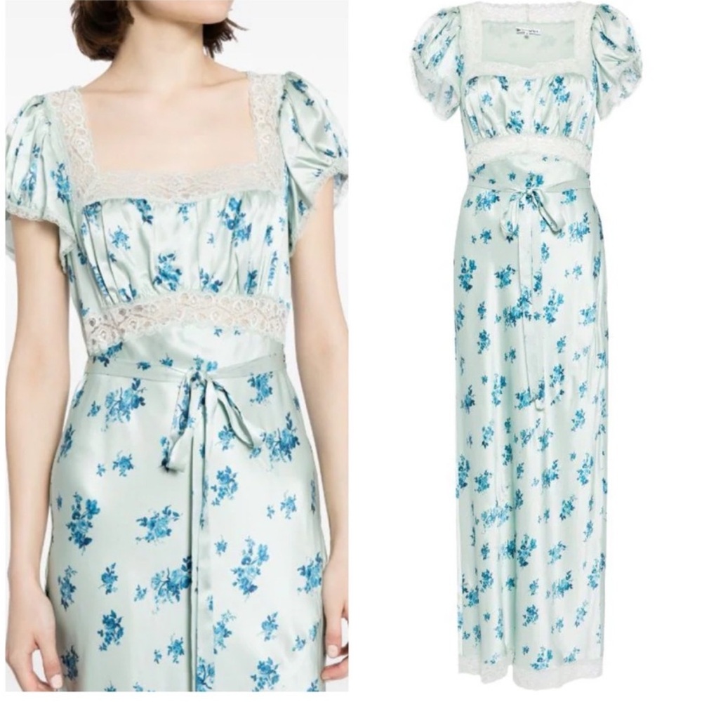 Reformation Blue Ruched Tie Front Maxi Dress